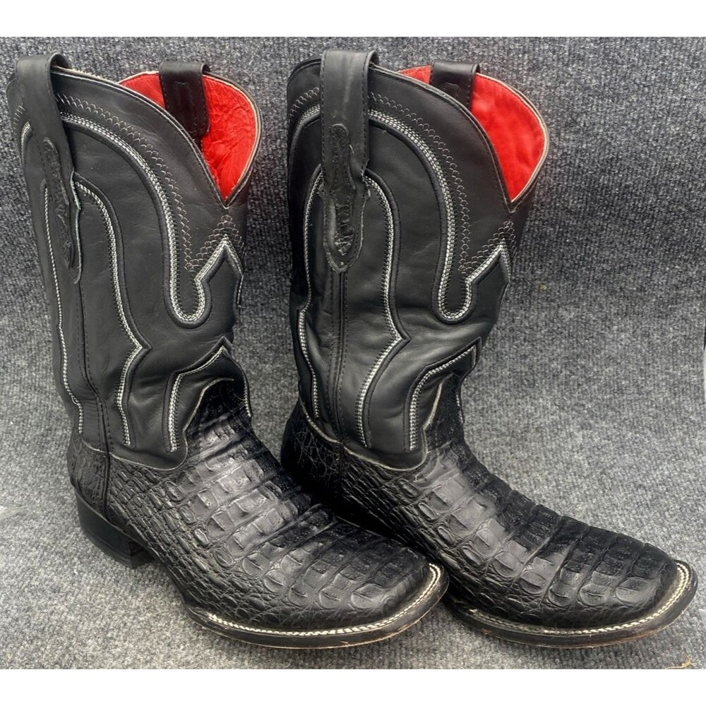 Alfa Western Boots Mens 9.5 Black Genuine Caiman Tail Exotic Square Toe Cowboy